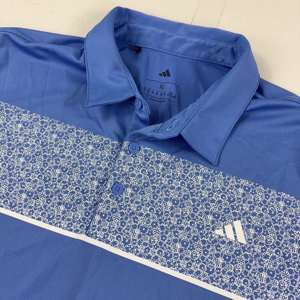 Adidas Polo Shirt Mens XL Blue Floral Golf Jersey Performance Short Sleeve